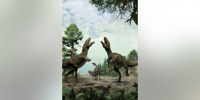 Reconstruction of theropods engaged in scrape ceremony display activity, based on trace fossil evidence from Colorado. (Xing Lida and Yujiang Han)