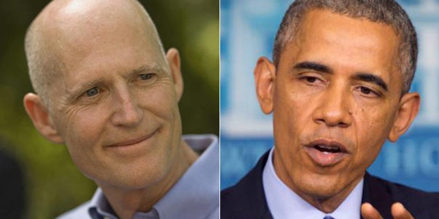 Florida Gov. Rick Scott, (l.), and President Obama have clashed over environmental policy, but won't be anywhere near each other on Wednesday, when the president gives an Earth Day address. (AP)