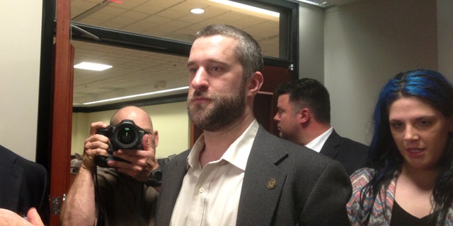 May 29, 2015. Dustin Diamond, center, leaves court in Port Washington, Wisc., after being convicted of two misdemeanors stemming from a barroom fight on Christmas Day 2014.