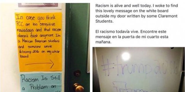The notes on the door of the unidentified student's dorm, one purportedly written by her and the other by a Trump supporter.