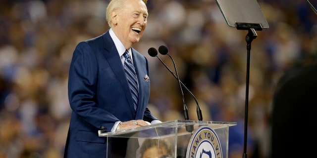 Sept. 23, 2016: Los Angeles Dodgers broadcaster Vin Scully speaks during Vin Scully Appreciation Day before the team's baseball game against the Colorado Rockies in Los Angeles