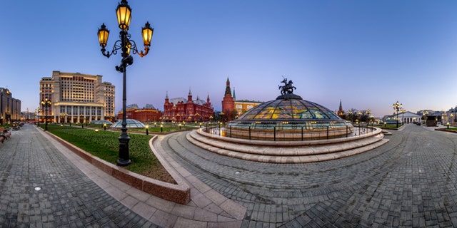 Panorama of Manege Square and Moscow Kremlin in the Evening, Moscow, Russia