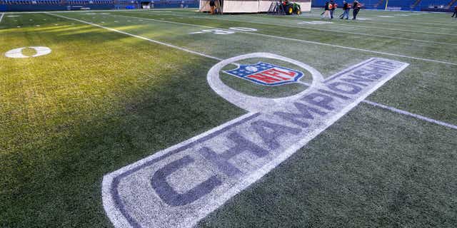 Jan. 14, 2015: A freshly painted NFL football Championship logo is shown at CenturyLink Field in Seattle.