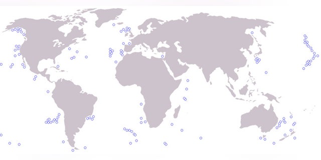 A partial mapping of some of the world's major seamounts