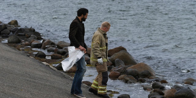 Police officers attend the south coast of the isle of Amager, near Copenhagen, Denmark, Monday Aug. 21, 2017