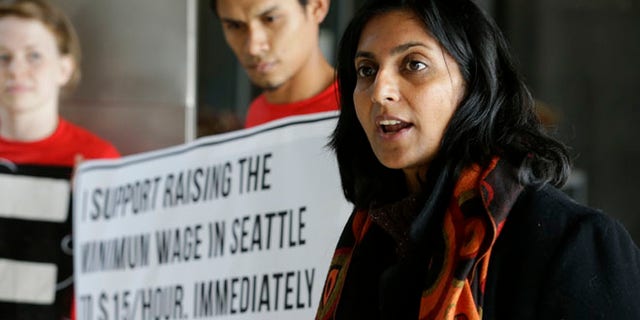 Kshama Sawant speaks in Seattle, Nov. 4, 2013. (Associated Press)