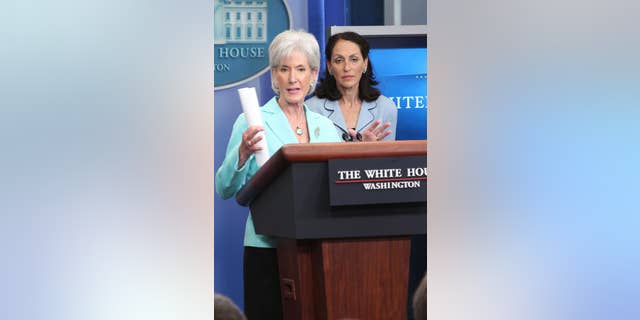 Health and Human Services Sec. Kathleen Sebelius at the White House briefing Tuesday, June 21, 2011. FDA Commissioner Dr. Margaret Hamburg stands behind her. (FOX News Photo)