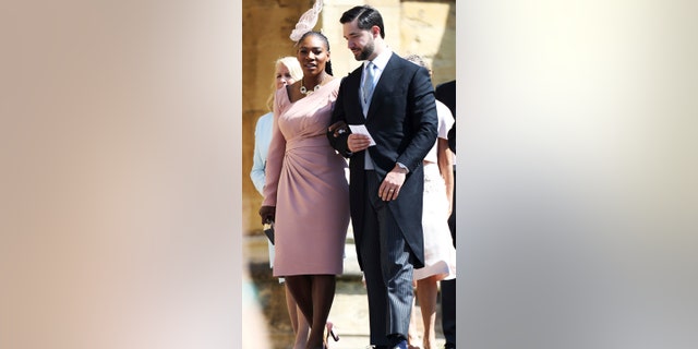 Serena Williams and Alexis Ohanian arrive for the wedding ceremony of Prince Harry and Meghan Markle at St. George's Chapel in Windsor Castle in Windsor, near London, England, Saturday, May 19, 2018. (Chris Jackson/pool photo via AP)