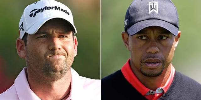 May 5, 2013: At left, in a file photo, Sergio Garcia grimaces during The Players Championshop golf tournament in Ponte Vedra Beach, Fla. At right, in a March 25, 2013 file photo, Tiger Woods walks to the 16th green during the final round of the Arnold Palmer Invitational golf tournament in Orlando, Fla. Woods and Garcia don't like each other, and are making no attempt to disguise their feelings.