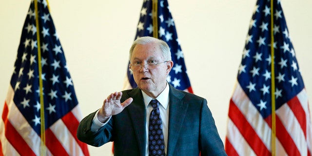 Attorney General Jeff Sessions speaks to law enforcement officials on Sept. 21, 2017, in Boston.