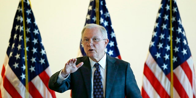 Attorney General Jeff Sessions speaks to law enforcement officials on Sept. 21, 2017, in Boston.