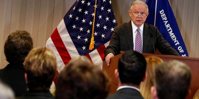 U.S. Attorney General Jeff Sessions delivers remarks on the U.S. system for asylum-seekers at the Executive Office for Immigration Review in Falls Church, Virginia, U.S. October 12, 2017. REUTERS/Jonathan Ernst - RC162568A320