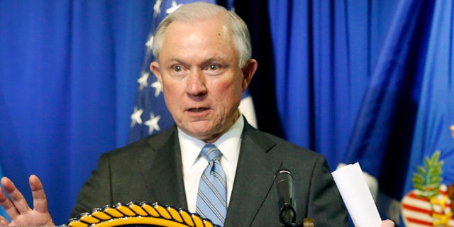 Attorney General Sessions speaks after he and Homeland Security Secretary John Kelly toured the ports of entry and met with Department of Justice and DHS personnel in El Paso, Texas, Thursday, April 20, 2017. (Ruben R. Ramirez/The El Paso Times via AP)