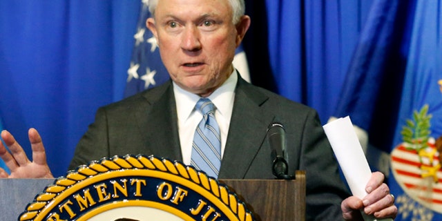 Attorney General Sessions speaks after he and Homeland Security Secretary John Kelly toured the ports of entry and met with Department of Justice and DHS personnel in El Paso, Texas, Thursday, April 20, 2017. (Ruben R. Ramirez/The El Paso Times via AP)