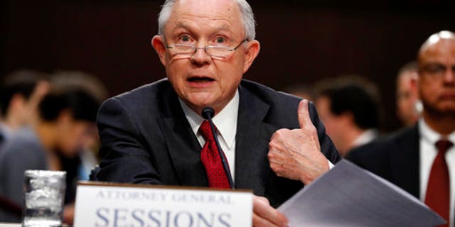 Attorney General Jeff Sessions speaks on Capitol Hill in Washington, Tuesday, June 13, 2017, as he testifies before the Senate Intelligence Committee hearing about his role in the firing of James Comey, his Russian contacts during the campaign and his decision to recuse from an investigation into possible ties between Moscow and associates of President Donald Trump. (AP Photo/Alex Brandon)