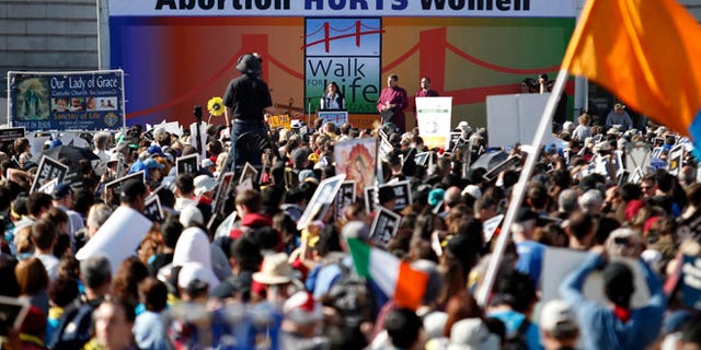 Jan. 25, 2014: Abortion opponent Georgette Forney speaks at the "Walk for Life" rally and march in San Francisco.