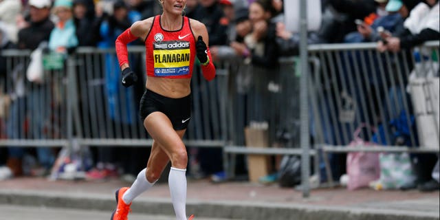 Apr 20, 2015; Boston, MA, USA; Shalane Flanagan (USA) near the finish line during the 2015 Boston Marathon.
