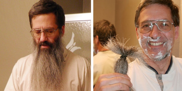 May 1, 2011: Middle school teacher Gary Weddle, 50, East Wenatchee, Wash., displays his cut beard while shaving the remaining stubble