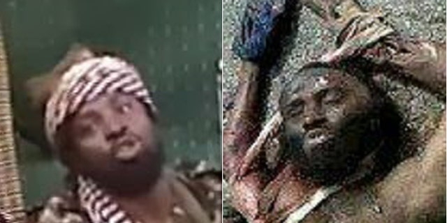 At right, a photo released by officials in Cameroon purports to show Boko Haram leader Abubakar Shekau, (l.), dead.