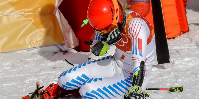 Mikaela Shiffrin, of the United States, attacks the gate during the second run of the Women's Giant Slalom at the 2018 Winter Olympics in Pyeongchang, South Korea, Thursday, Feb. 15, 2018.