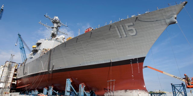 Oct. 21, 2015, photo shows newly christened USS Rafael Peralta at Bath Iron Works in Bath, Maine.