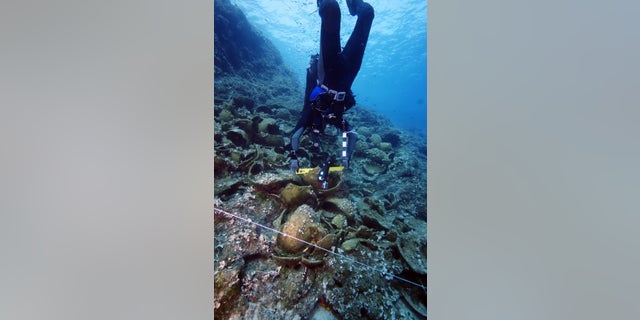 An archaeologist prepares a level on one of the wrecks.