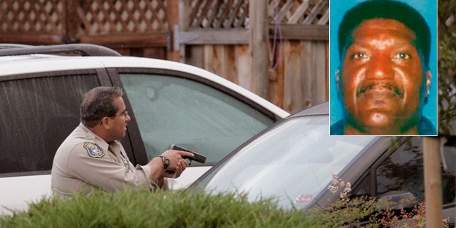 Oct. 6: A Sheriff's deputy backs up a team entering a home in Sunnyvale, Calif., where a man matching the description of suspected gunman Shareef Allman, inset, was found and shot.