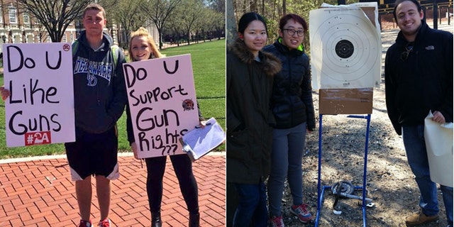 At left, University of Delaware students Tyler Wittlinger and Zoe Callaway recruit classmates to the Students for the Second Amendment Club. At right, two unidentified University of Delaware exchange students stand with a shooting instructor. (Courtesy Zoe Callaway)