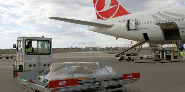 Feb. 7, 2013: Turkish airport ground service workers load a casket carrying the remains of New York City woman Sarai Sierra, 33, into a plane bound for New York at the Ataturk Airport in Istanbul, Turkey. (AP)