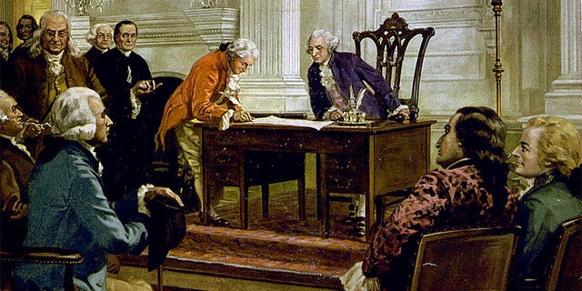 A reproduction of a painting of George Washington, Benjamin Franklin and others signing the U.S. Constitution in Philadelphia, Pennsylvania. The beloved war hero Washington would become the first president of the United States under the new Constitution.  