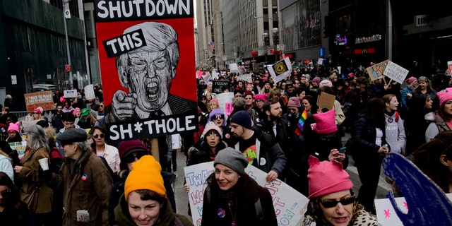 People take part in the Women's March in New York City on Jan. 20, 2018.