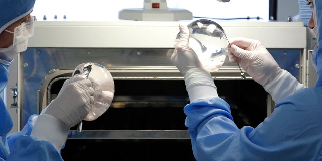 Technicians work in the processing of silicone gel breast implant manufactured by the French company Sebbin laboratories in Boissy-l'Aillerie, northern Paris January 12, 2012. REUTERS/Benoit Tessier