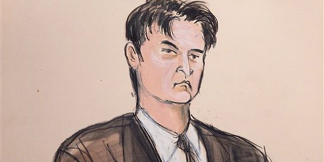 FILE - This Feb 4, 2015, file courtroom sketch, shows defendant Ross William Ulbricht as the deputy recites the word guilty multiple times during Ubrichts trial in New York.