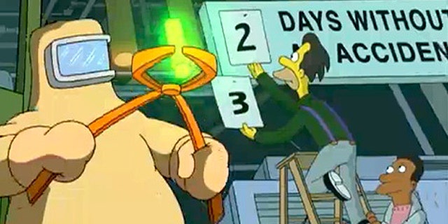 Homer Simpson from popular TV cartoon 'The Simpsons' handles an inanimate carbon rod in the local nuclear reactor.