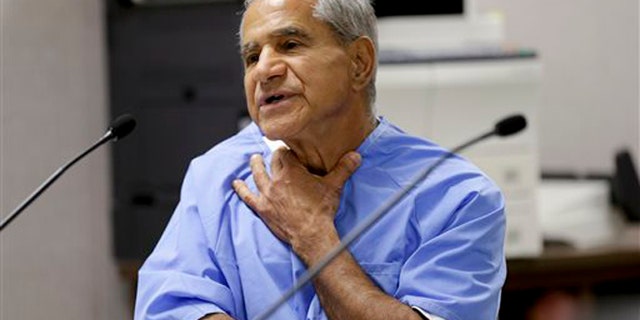 Sirhan Sirhan describes being choked during a parole hearing Wednesday, Feb. 10, 2016, at the Richard J. Donovan Correctional Facility in San Diego. For the 15th time, officials denied parole for Sirhan Sirhan, the assassin of Sen. Robert F. Kennedy, after hearing Wednesday from another person who was shot that night and called for the release of Sirhan. (AP Photo/Gregory Bull, Pool)