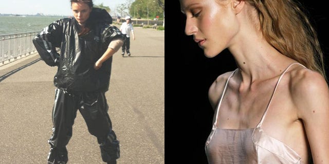 Kira Dikhtyar (left) works out in a plastic sweat suit so she can get down to a size zero and walk the Fashion Week runways.