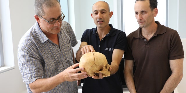 Left to right: Prof. Boaz Zissu of Bar-Ilan University, Dr. Yossi Nagar of the Israel Antiquities Authority and Dr. Haim Cohen of the National Center for Forensic Medicine and Tel Aviv University with the skull (Israel Antiquities Authority)