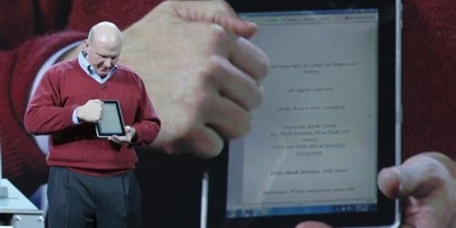 Microsoft CEO Steve Ballmer delivers his keynote address at the 2010 Consumer Electronics Show, Wednesday Jan. 6, 2010 where he showcased the new touch-enabled slate from HP.