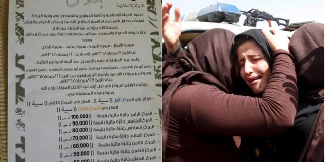 An ISIS bulletin circulated on Twitter, (l.), lists prizes for a Koran memorization contest. The numerals are for money prizes, but above them are listed the top prizes - female slaves. (Clarion Project, Reuters)
