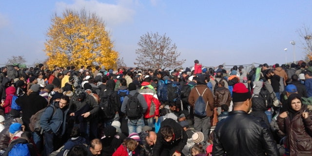 A large crowd of refugees gather at the border of Slovenia and Austria.