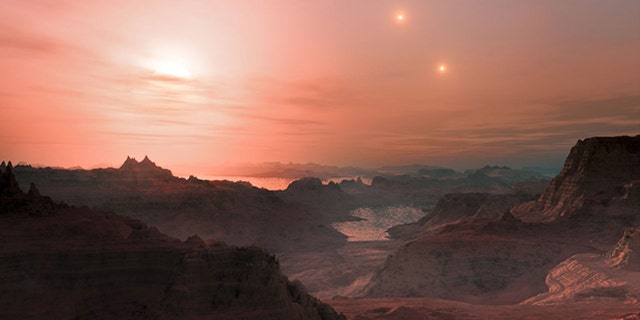 Artist's impression of a sunset from the super-Earth Gliese 667 Cc. The brightest star in the sky is the red dwarf Gliese 667 C, which is part of a triple star system.