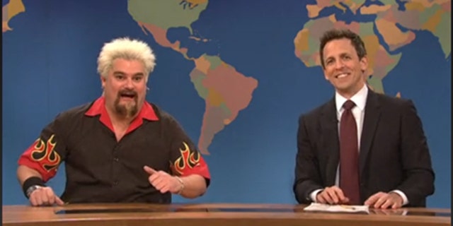 Bobby Moynihan as Guy Fieri on the SNL skit that never made it to air. Weekend Update host Seth Meyers gives the review to read, which makes the “Diners, Drive-In and Dives” host impersonator feel “pretty half throttle.”