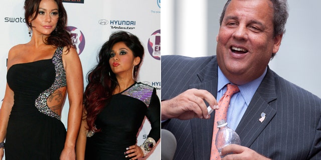 Nicole "Snooki" Polizzi and Jenni "Jwoww" Farley are pictured next to New Jersey Governor Chris Christie.