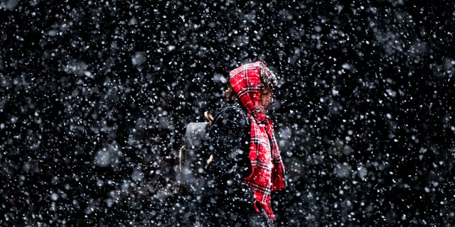 In this March 10, 2017 file photo, a woman walks through a winter snow storm in Philadelphia