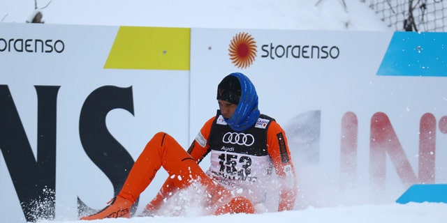 FIS Nordic Ski World Championships - Men's Cross Country - Qualification - Lahti, Finland - 23/2/17 - Adrian Solano of Venezuela crashes during the competition. REUTERS/Kai Pfaffenbach - RTSZZXX