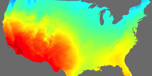 A high-resolution map based on NOAA solar irradiance data shows a snapshot of solar energy potential across the United States.