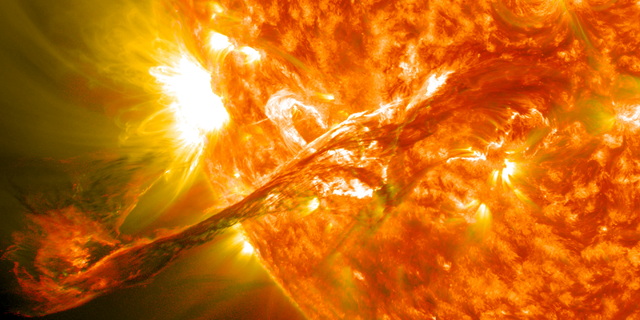 An erupting solar prominence on Aug. 31, 2012, imaged by NASA's Solar Dynamics Observatory.