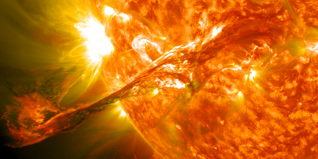 An erupting solar prominence on Aug. 31, 2012, imaged by NASA's Solar Dynamics Observatory.