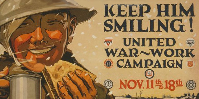 A World War I poster encourages the purchase of war bonds. The Dentist In A Box product has a similar goal -- smiling soldiers.
