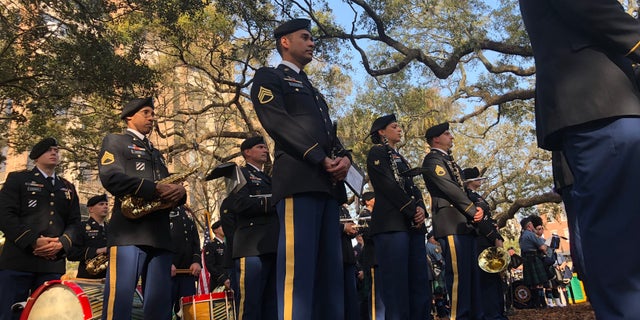 Soldiers march to Madison Square as part of the commemorative ceremony for Sgt. William Jasper on the eve of St. Patrick's Day.